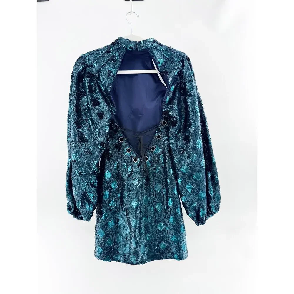 NWOT Free People Chante's Holiday Sequin Embellished Cut Out Mini Dress Forest 2